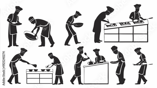 Set of Chef Silhouettes Cooking Preparing Food in Professional Restaurant Kitchen for Culinary Websites Menus