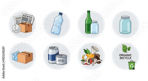 Recycling icons for eco friendly practices and sustainable living including bottles cans paper and organic materials