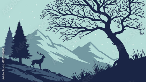 Stunning Winter Landscape with Silhouette Deer and Bare Tree for Nature Websites Outdoor Adventure Brochures or Serene Backgrounds
