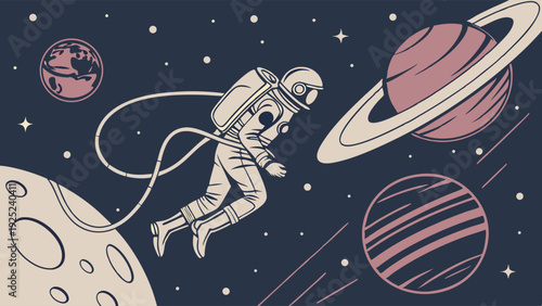 Astronaut Floating in Deep Space Past Planets and Moon for Science Fiction Web Design or Educational Presentation Background
