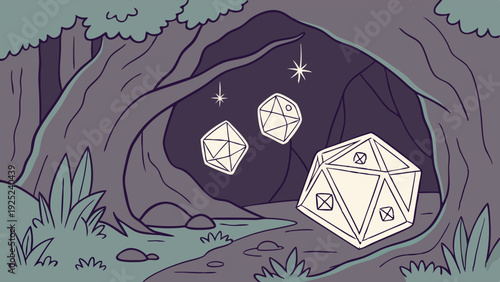 Mysterious Cave Entrance Hiding Giant Glowing Polyhedral Dice for Fantasy Gaming Adventure and Roleplaying Campaign Success
