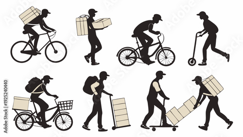 Delivery Courier Silhouettes Cycling Scootering Pushing Carts Transporting Packages for E-commerce Logistics and Urban Shipping Services
