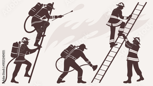 Firefighters Climbing Ladders Battling Flames Silhouette Rescue Team Emergency Response Service Graphic