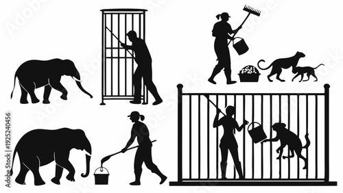 Zoo Keeper Cleaning Cages and Feeding Animals Like Elephants and Big Cats for Wildlife Sanctuary Maintenance and Care