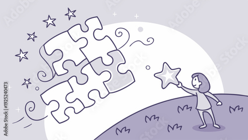Child Reaching for Star Puzzle Piece Connection Achieving Goal Success in Growth Journey Illustration
