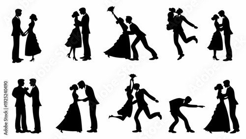 Wedding Couple Silhouette Set Dancing Kissing Celebration Joyful Romantic Event Design Elements