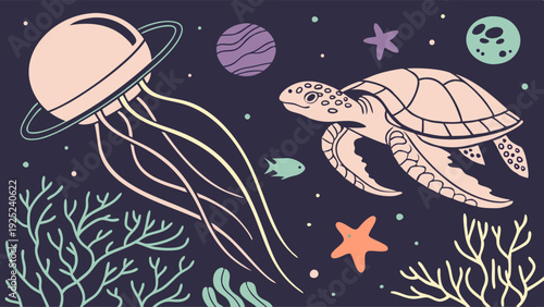 Cosmic Ocean Fantasy Art Jellyfish Planet Turtle Deep Sea Coral Reef Illustration for Kids Book Web Design