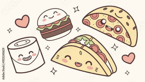 Cute Kawaii Fast Food Characters Burger Taco Pizza Toilet Paper Fun Illustration for Food Blog Web Design Promotion