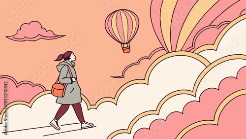 Woman Walking on Clouds Toward Hot Air Balloon for Travel Adventure Journey Aspiration and Dreams