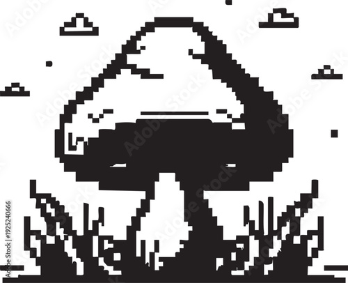 Pixel art mushroom vector: black and white retro game asset eps silhouette
