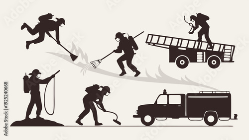 Wildland Firefighters Battling Blaze with Tools and Fire Truck Silhouettes for Safety Training and Emergency Response Design