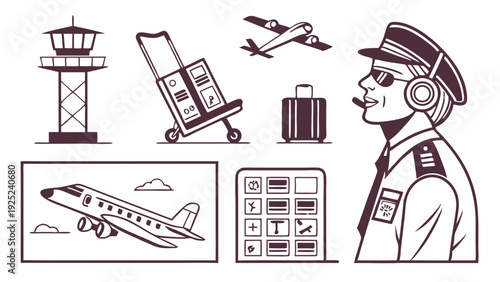 Airline Pilot Communication Control Tower Luggage Airport Operations Vector Icons for Travel Industry Web Design
