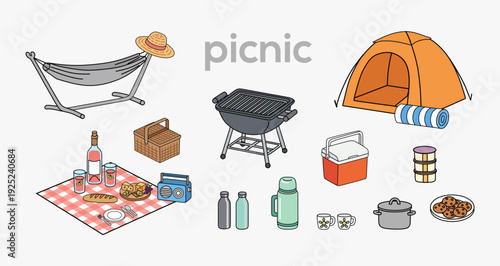 Set of picnic and camping elements including hammock, grill, tent, and food items for outdoor leisure and summer vacation theme.