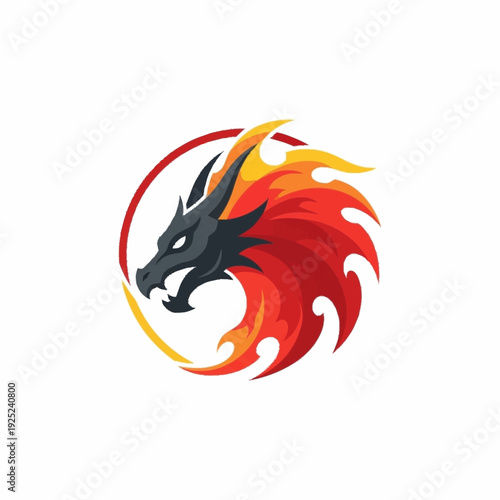 Schilderij op canvas Dynamic Dragon Head Logo with Fiery Mane and Intense Gaze.