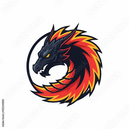 Fierce Dragon Head Logo with Fiery Mane and Scales.