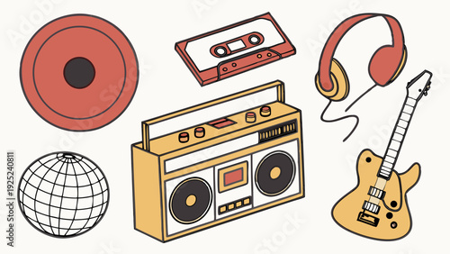 Retro Music Icons Flat Lay for 80s 90s Party Promotion Web Design or Vintage Media Advertising