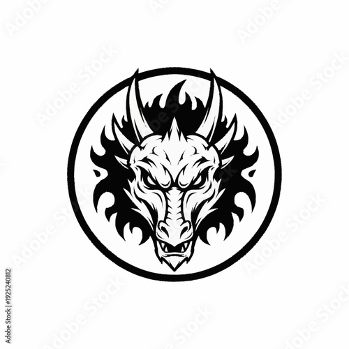 Fierce Dragon Head Logo with Horns and Flames.