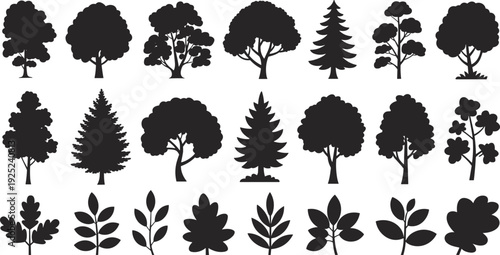 Black tree and leaf silhouettes set, forest woodland trees and foliage icons, botanical nature elements isolated