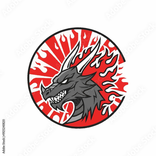 Fierce Dragon Head with Flaming Mane in Circular Emblem.