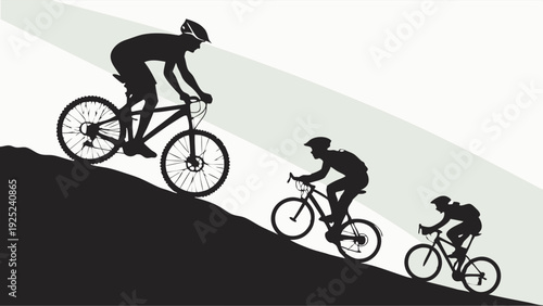 Mountain Bikers Silhouetted Climbing Steep Hillside Representing Endurance Fitness Challenge and Outdoor Adventure Sports Training