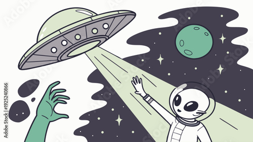 Alien Abduction Scene with UFO Beam Capturing Astronaut and Green Hand for Sci Fi Web Design or Paranormal Blog Graphics