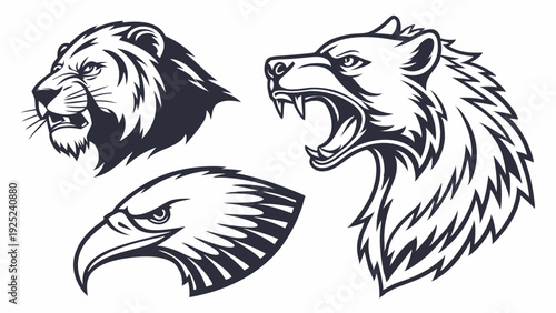 Fierce Lion Bear Eagle Mascot Heads Vector Set Sports Team Logo Design Aggressive Power Graphics