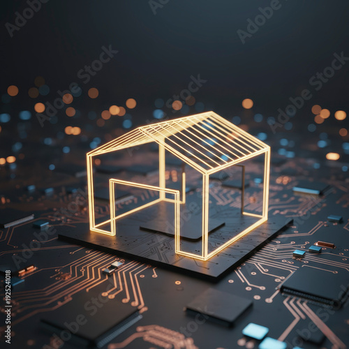 Golden glowing wireframe house structure on a microchip representing smart home technology and digital architecture in a high-tech dark background