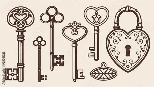 Vintage Heart Shaped Keys and Antique Padlock Engraving for Love Security Design Projects and Romantic Web Graphics