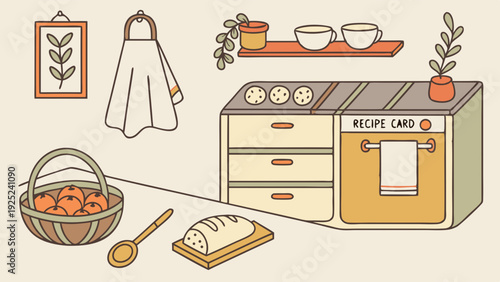Cozy Kitchen Scene with Baking Ingredients and Recipe Card for Food Blog or Home Cooking Website Design
