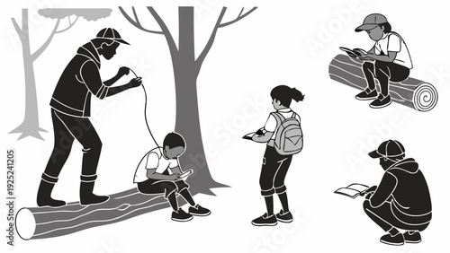 Outdoor Education Field Trip Focused Students Learning Nature Skills Using Technology and Books in Forest Setting