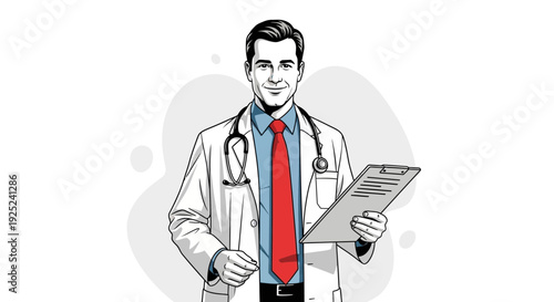 Confident male doctor holding clipboard in medical uniform, healthcare professional illustration, hospital worker concept, physician portrait, clinical expertise, modern medical practice, trusted heal