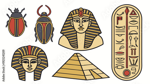 Ancient Egyptian Icons Set Pharaoh Scarab Pyramid Hieroglyphics for History Education Web Design Travel Promotion