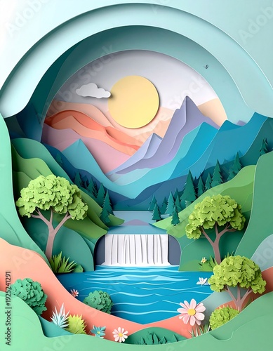Layered Paper Landscape: A meticulously crafted paper artwork showcases a serene landscape, with a cascading waterfall, rolling hills, lush trees, and a sun, creating a vibrant scene.
