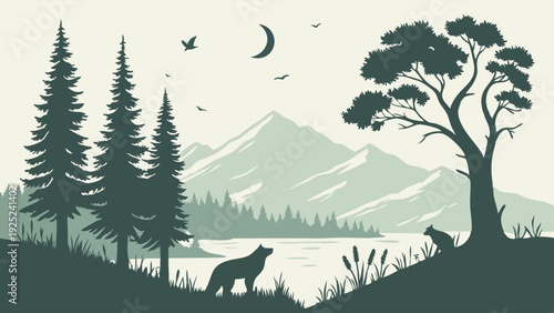 Serene Wolf Pack in Moonlit Wilderness Landscape for Nature Travel Brochures Wildlife Book Covers Outdoor Adventure Branding