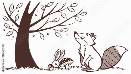 Charming Fox and Rabbit Looking Up at Fruit Tree in Forest Meadow for Children's Book Illustration or Nature Web Design