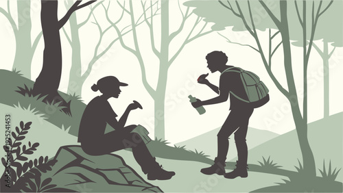 Hikers Taking a Rest Break on Forest Trail Enjoying Water and Snacks for Outdoor Adventure Travel Web Design