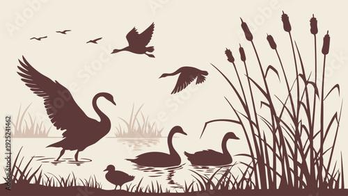 Serene Wetland Wildlife Silhouette Featuring Swans Geese and Cattails for Nature Design Projects