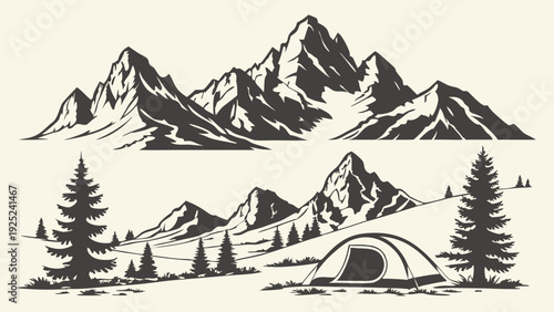 Vintage Engraving Mountain Landscape with Camping Tent and Pine Trees for Adventure Travel Outdoor Design Projects