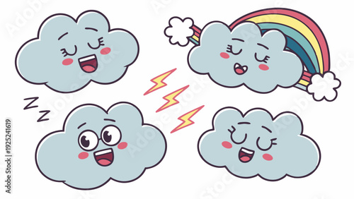 Cute Cartoon Cloud Characters Showing Weather States Rain Sleep Rainbow for Children Education App Design