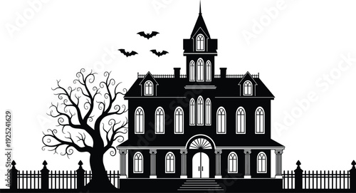 Haunted mansion silhouette with spooky dead tree and fence, scary gothic house for Halloween party, cad drawing flat vector illustration.