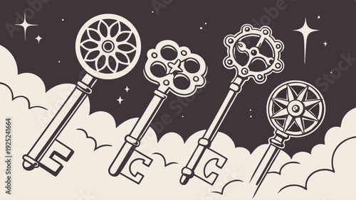 Ornate Antique Keys Floating Above Clouds for Secret Access Success Opportunity Achievement Dreams