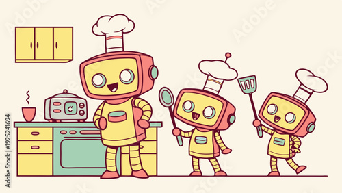 Happy Robot Chefs Cooking Together in Bright Kitchen for Food Blog or Recipe Website Design Element