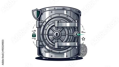 Secure vault door with lock, shield, fingerprint and star icons.