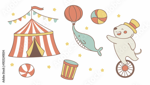Cute Circus Animals Performing Tricks Near Big Top Tent for Children Party Invitations Web Design Fun Graphics