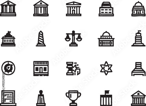 Government buildings & monuments icon set vector - courthouse, capitol, washington monument, scales of justice eps silhouette