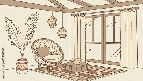 Boho Rattan Living Room Interior Design Cozy Relaxation Nook for Home Decor Website or Magazine Feature