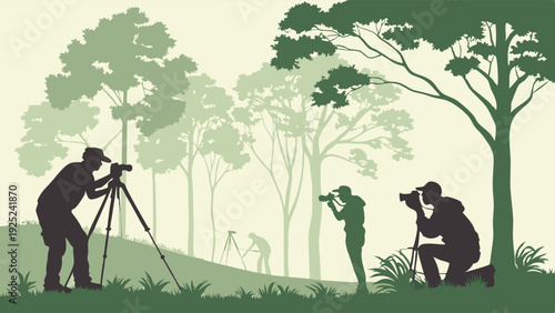 Silhouetted Wildlife Photographers Capturing Nature Scenes Outdoors with Tripods for Travel Blogs and Nature Guides