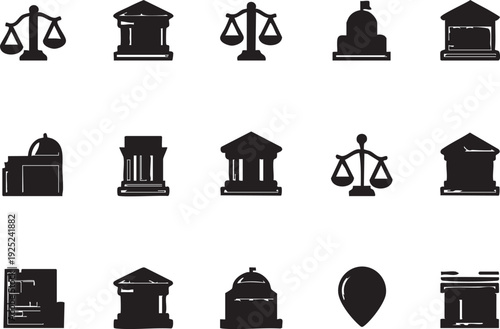 Law and justice vector icons: court buildings, scales of justice, and legal symbols eps silhouette