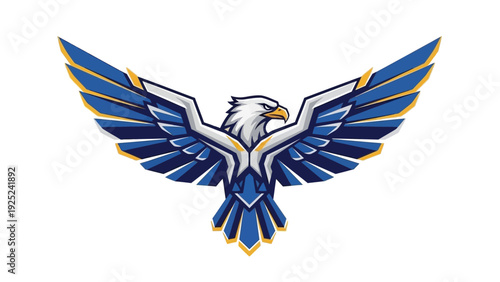 Stylized eagle emblem with outstretched wings in blue, white, and yellow.