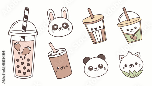 Cute Kawaii Bubble Tea Drinks and Animal Faces for Cafe Menu Design Fun Stickers